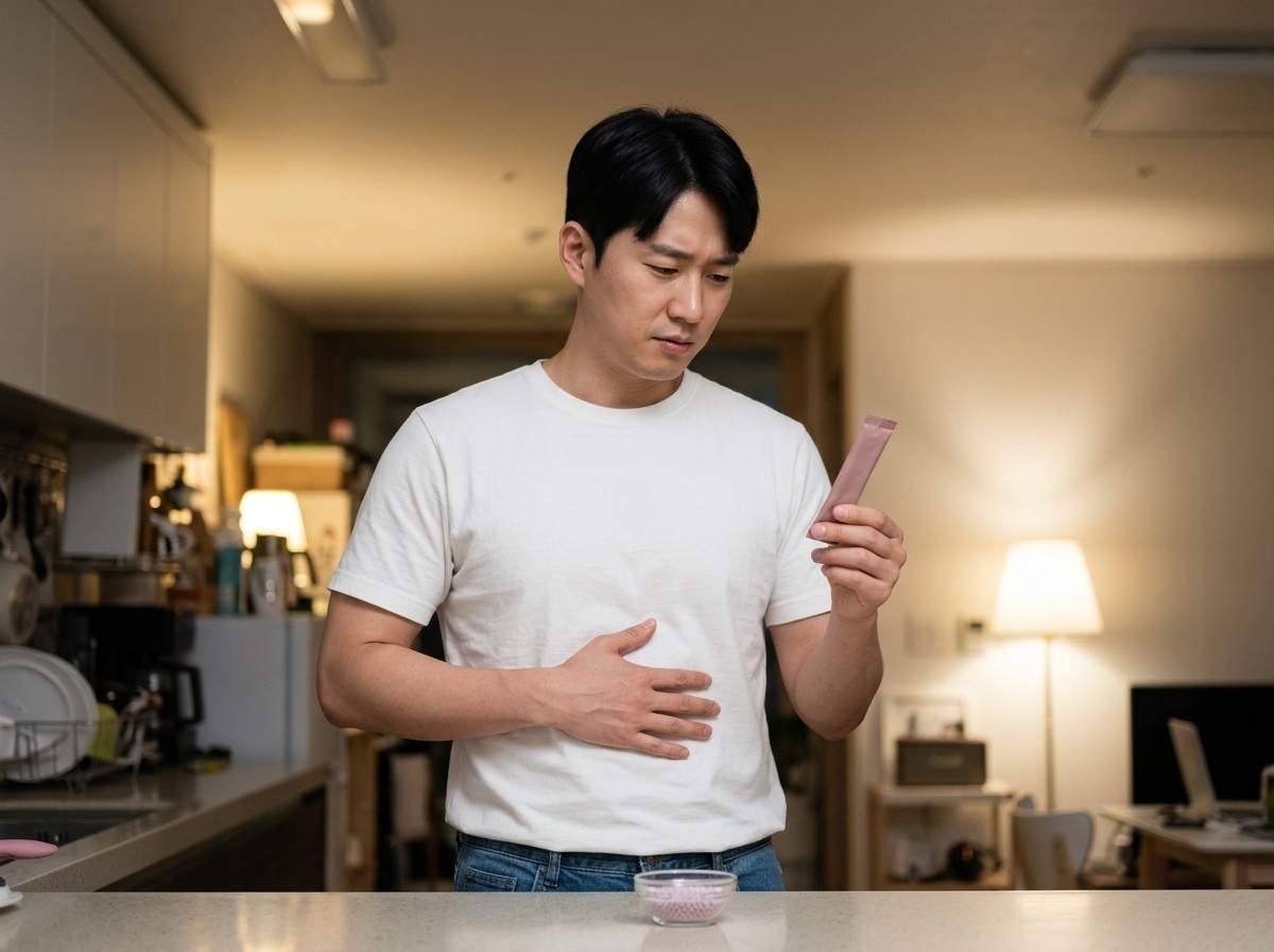 밤 부엌에서 속을 짚으며 환약 파우치를 보는 남성