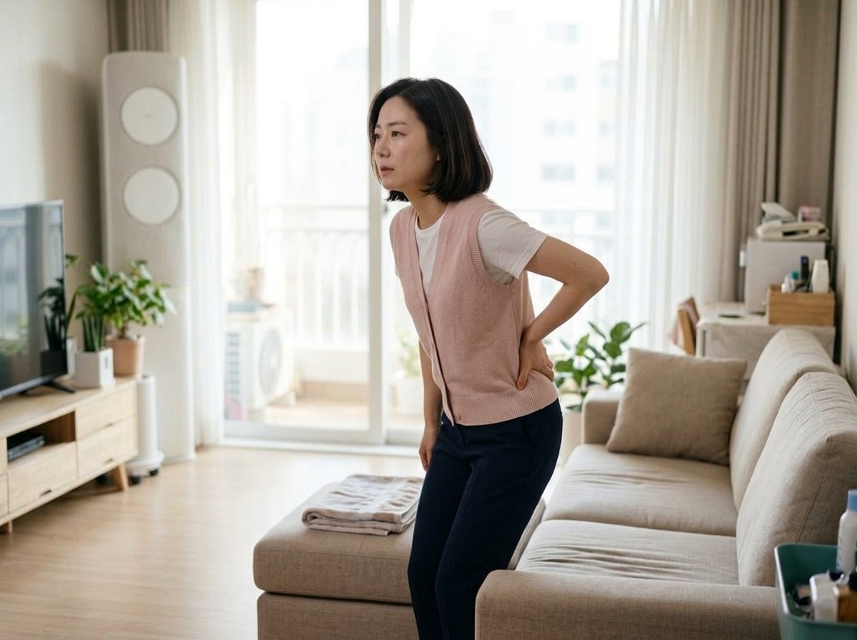거실에서 허리를 짚고 일어서는 여성