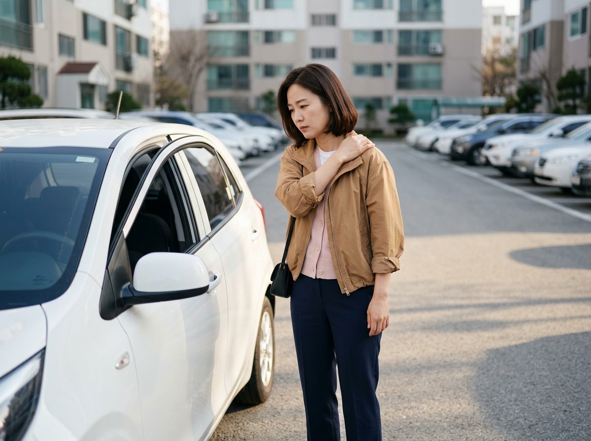 이른 아침 주차된 차 옆에서 운전석에 타기 전 어깨를 짚는 여성