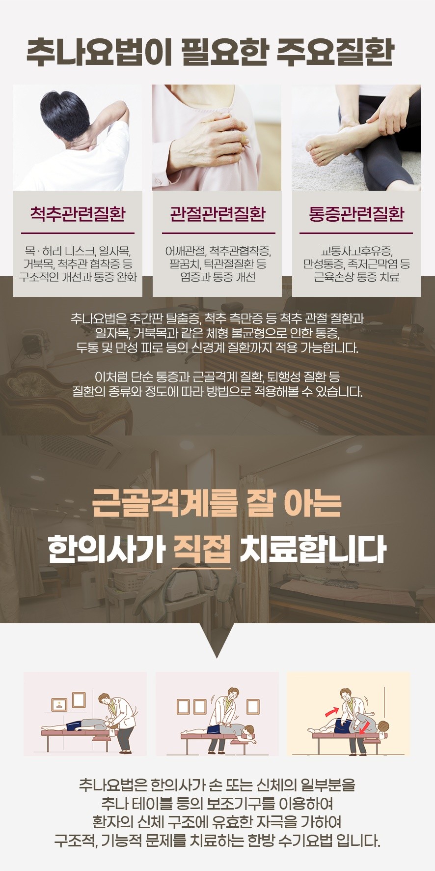 추나요법이 필요한 주요 질환-척추관련,관절관련,통증관련:질환의 종류와 정도에 따라 알맞은 방법으로 적용됩니다