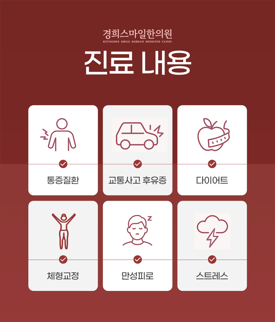365경희스마일한의원 진료내용:통증질환,교통사고후유증,다이어트,체형교정,만성피로,스트레스